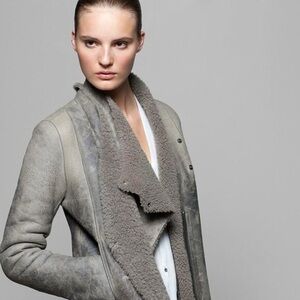 HELMUT LANG Womens Distressed Taupe Shearling Fur Leather Jacket Coat S